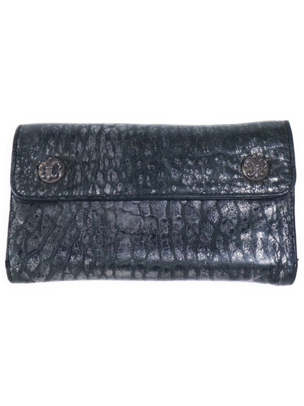 Chrome Hearts Wave Metallic Grain Flare Button Leather Wallet Black Silver